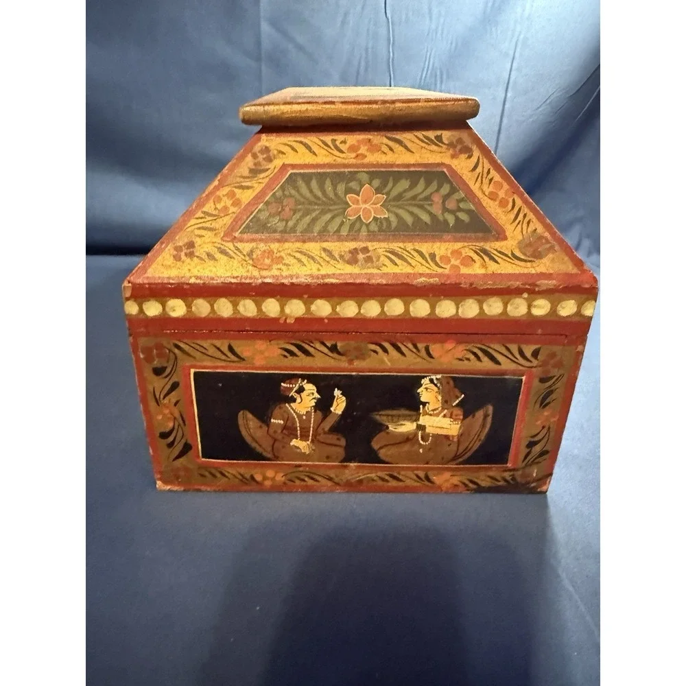 Vintage Anglo Raj Hand Painted Wooden Jewelry Box Indian Rajasthani Folk Art